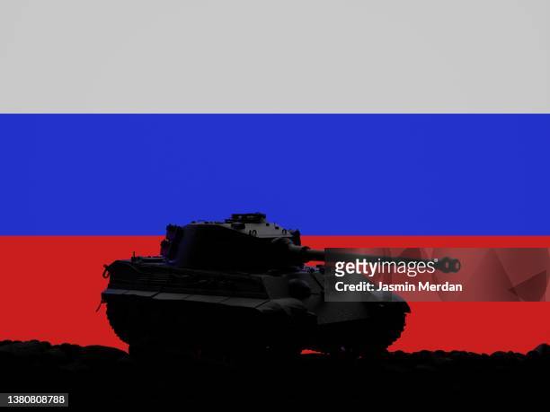 war military tank on russian flag - conflict stockfoto's en -beelden