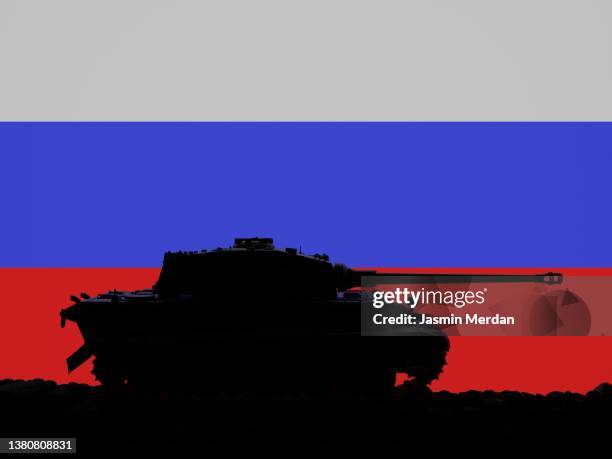 war military tank on russian flag - weapon stockfoto's en -beelden