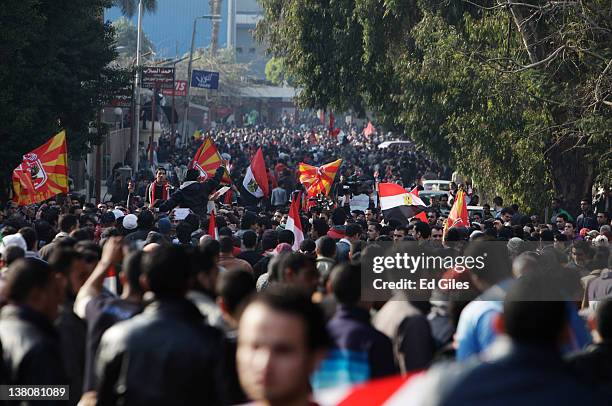 Protesters gather to demonstrate outside Cairo's Al Ahly football stadium on February 2, 2012 in Cairo, Egypt. The protest follows the deaths of 74...