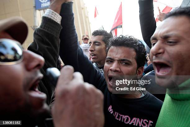 Protesters gather to demonstrate outside Cairo's Al Ahly football stadium on February 2, 2012 in Cairo, Egypt. The protest follows the deaths of 74...