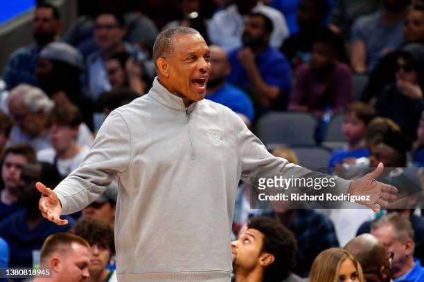 Alvin Gentry, head coach of the Sacramento Kings reacts to a foul call in a game against the Dallas Mavericks at American Airlines Center on March...