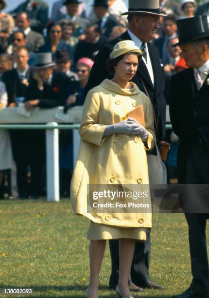 Queen Elizabeth II at Epsom Downs Racecourse for the Oaks Stakes, Surrey, 1960.