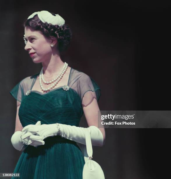 Queen Elizabeth II on the balcony of Government House, Melbourne, during her tour of Australia, March 1954.