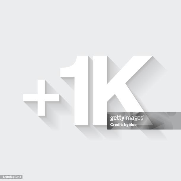 +1k, +1000, plus one thousand. icon with long shadow on blank background - flat design - 1000 stock illustrations