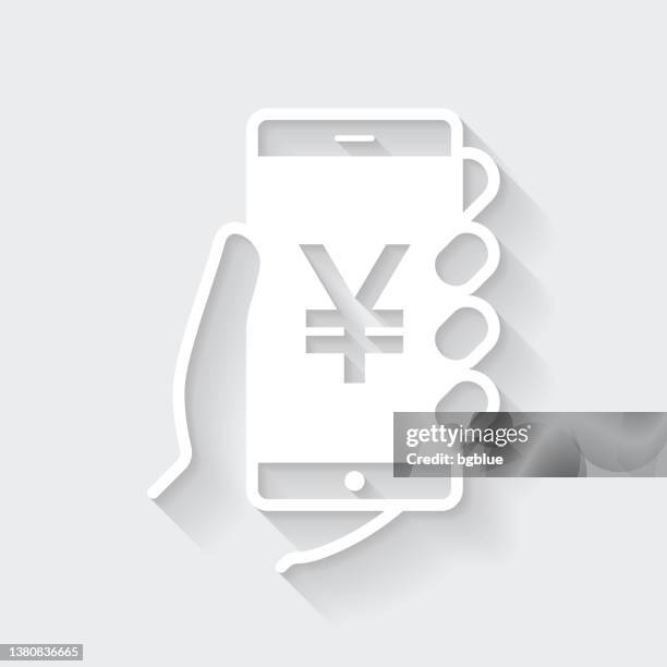 smartphone with yen sign. icon with long shadow on blank background - flat design - holding blank iphone stock illustrations