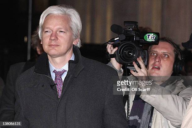 Julian Assange , the founder of the WikiLeaks whistle-blowing website, leaves the Supreme Court on February 02, 2012 in London, England. Mr Assange...