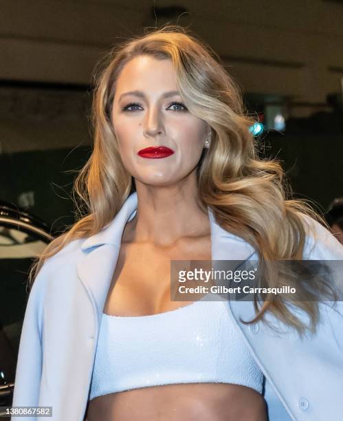 Actress Blake Lively is seen arriving to the Michael Kors Collection Fall/Winter 2022 Fashion Show at Terminal 5 during New York Fashion Week on...
