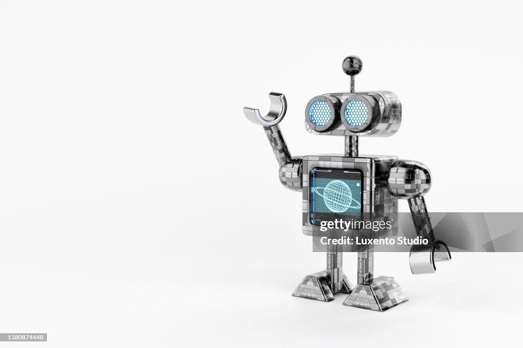 Humanoid mini robot with HUD hologram screen doing hand raised up on white background. Technology and innovative concept. 3D illustration rendering