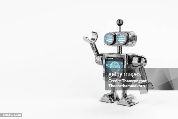 humanoid mini robot with hud hologram screen doing hand raised up on white background. technology and innovative concept. 3d illustration rendering - ロボット ストックフォトと画像