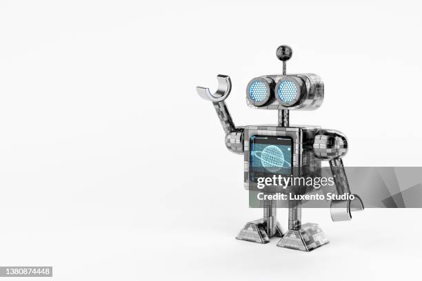 humanoid mini robot with hud hologram screen doing hand raised up on white background. technology and innovative concept. 3d illustration rendering - cartoon robots stock pictures, royalty-free photos & images