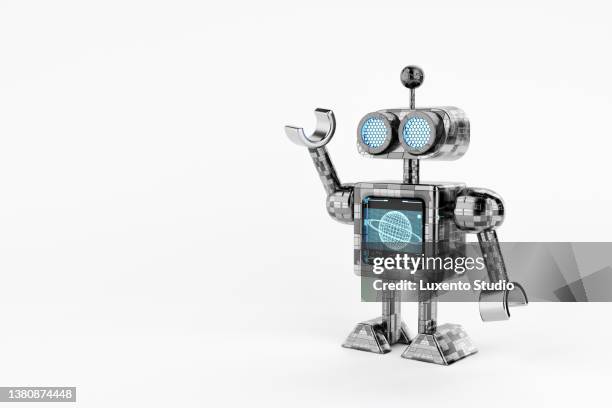 humanoid mini robot with hud hologram screen doing hand raised up on white background. technology and innovative concept. 3d illustration rendering - robot arm stock pictures, royalty-free photos & images