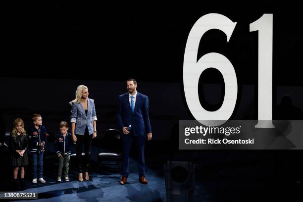 Former Columbus Blue Jackets Rick Nash and his family during a ceremony to retire his jersey prior to the game against the Boston Bruins at...