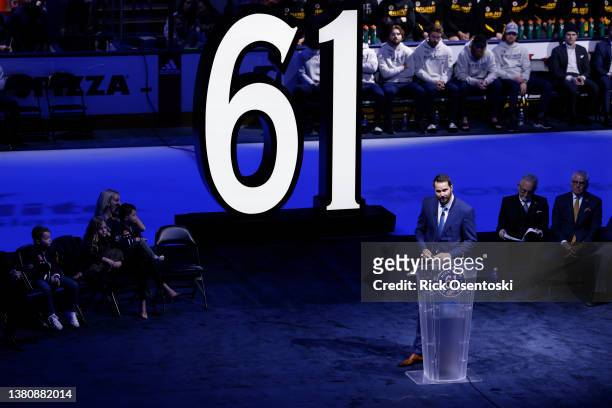 Former Columbus Blue Jackets Rick Nash speaks during a ceremony to retire his jersey prior to the game against the Boston Bruins at Nationwide Arena...