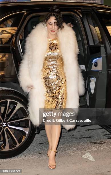 Jessica Wang is seen arriving to the Michael Kors Collection Fall/Winter 2022 Fashion Show at Terminal 5 during New York Fashion Week on February 15,...