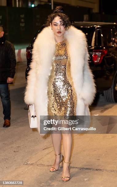 Jessica Wang is seen arriving to the Michael Kors Collection Fall/Winter 2022 Fashion Show at Terminal 5 during New York Fashion Week on February 15,...