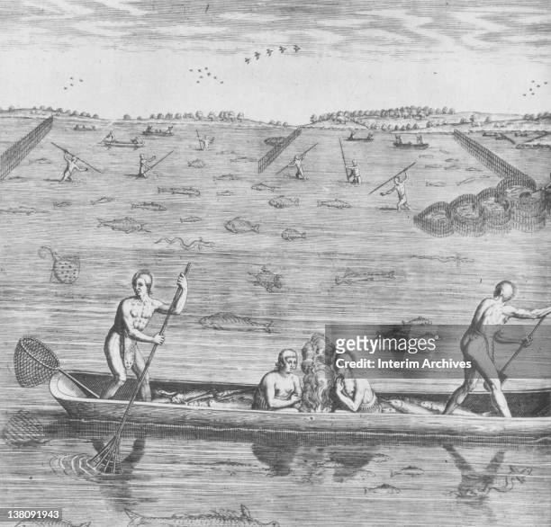 Illustration showing native men and women from Virginia using baskets or nets to fish from a canoe, while in the background, others stand and spear...