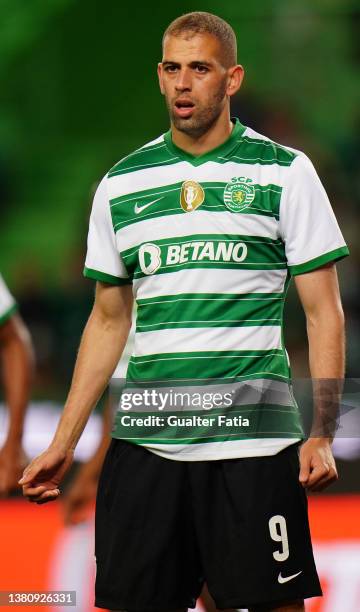 Islam Slimani of Sporting CP during the Liga Bwin match between Sporting CP and FC Arouca at Estadio Jose Alvalade on March 5, 2022 in Lisbon,...