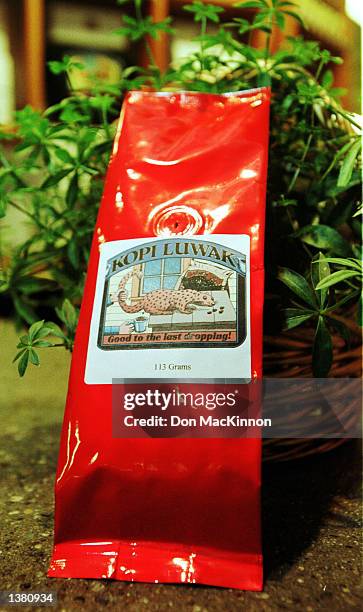 Package of Kopi Luwak coffee is shown September 12, 2002 in Vancouver, Canada. The world's rarest and most exotically produced coffee went on sale...