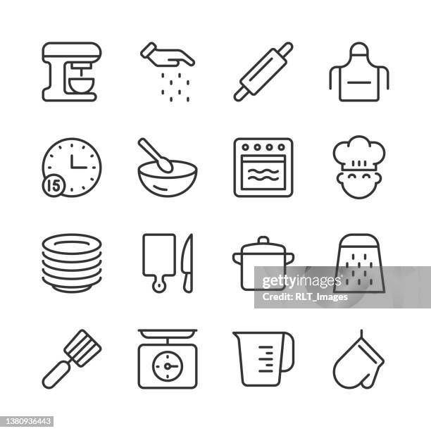 cooking & kitchen utensil icons 1 — monoline series - hand sprinkling isolated stock illustrations