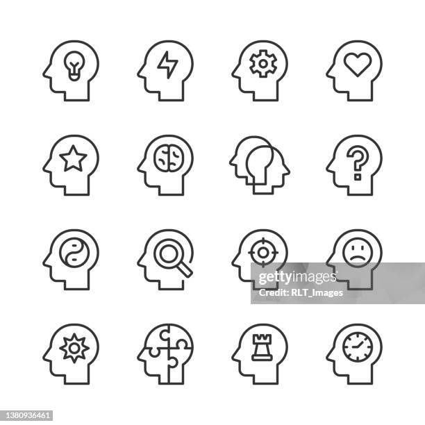 ilustraciones, imágenes clip art, dibujos animados e iconos de stock de thinking & mental state icons 1 — serie monoline - cabeza humana