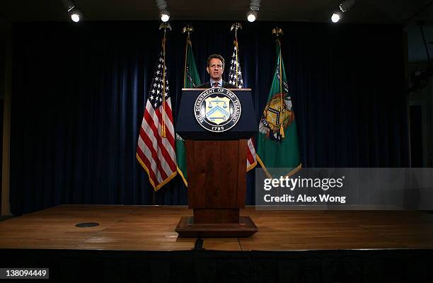 Secretary of the Treasury Timothy Geithner delivers remarks on the state of financial reform to the media February 2, 2012 at the Treasury Department...