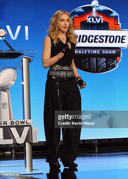 Madonna speaks during the Bridgestone Super Bowl XLVI Halftime Show Press Conference at the Super Bowl XLVI Media Center on February 2, 2012 in...