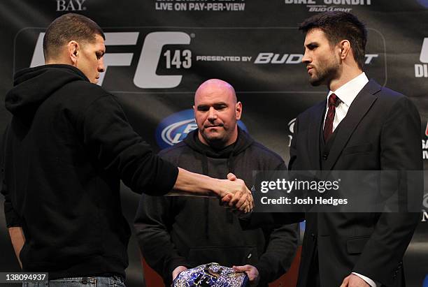 Opponents Nick Diaz and Carlos Condit face off during the UFC 143 final pre-fight press conference at the Mandalay Bay Hotel & Casino on February 2,...