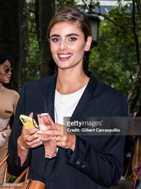 Model Taylor Marie Hill is seen leaving the Moschino by Jeremy Scott Spring Summer 2022 fashion show at Bryant Park on September 09, 2021 in New York...