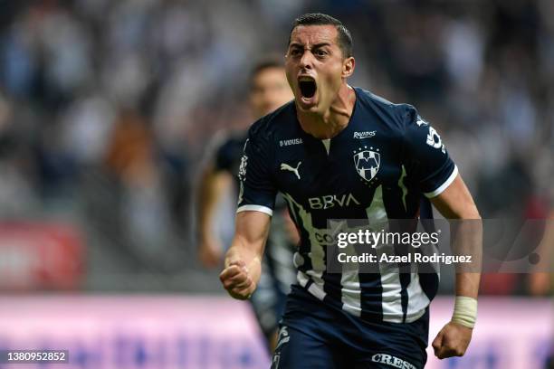 Rogelio Funes Mori of Monterrey celebrates after scoring his team's second goal during the 9th round match between Monterrey and America as part of...