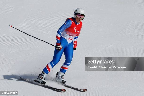 Marie Bochet of Team France reacts in the Para Alpine Skiing Women's Super-G Standing during day two of the Beijing 2022 Winter Paralympics at...