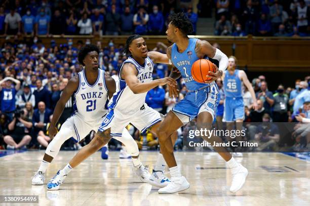 Leaky Black of the North Carolina Tar Heels dribbles during the second half against the Duke Blue Devils at Cameron Indoor Stadium on March 05, 2022...