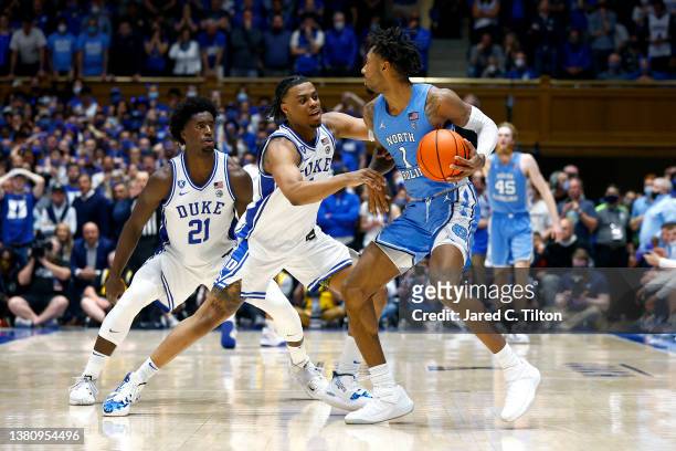 Leaky Black of the North Carolina Tar Heels dribbles during the second half against the Duke Blue Devils at Cameron Indoor Stadium on March 05, 2022...