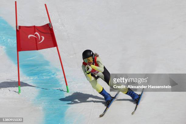 Andrea Rothfuss of Team Germany competes in the Para Alpine Skiing Women's Super-G Standing during day two of the Beijing 2022 Winter Paralympics at...