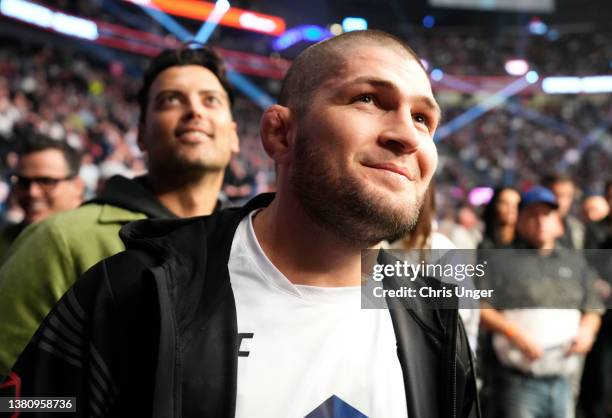 Former UFC welterweight champion Khabib Nurmagomedov is seen in attendance during the UFC 272 event on March 05, 2022 in Las Vegas, Nevada.