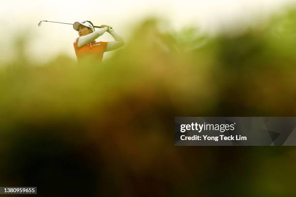 Su Oh of Australia plays her shot from the fourth tee during the final round of the HSBC Women's World Championship at Sentosa Golf Club on March 06,...