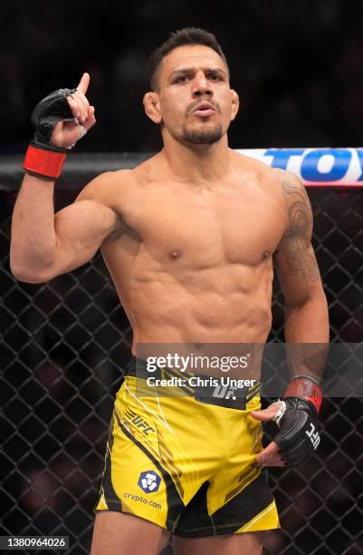 Rafael Dos Anjos of Brazil prepares to fight Renato Moicano of Brazil in their 160-pound catchweight fight during the UFC 272 event on March 05, 2022...