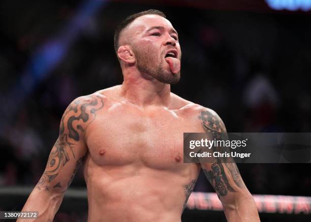 Colby Covington reacts after the conclusion of his welterweight fight against Jorge Masvidal during the UFC 272 event on March 05, 2022 in Las Vegas,...