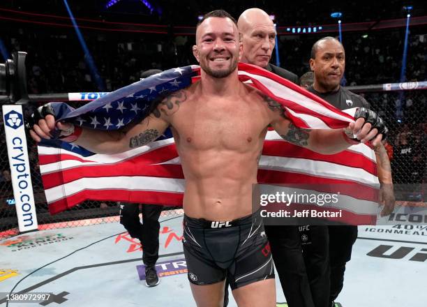 Colby Covington reacts after his unanimous-decision victory over Jorge Masvidal in their welterweight fight during the UFC 272 event on March 05,...