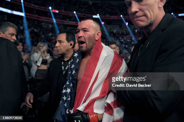 Colby Covington exits the Octagon after his welterweight fight against Jorge Masvidal during UFC 272 at T-Mobile Arena on March 05, 2022 in Las...