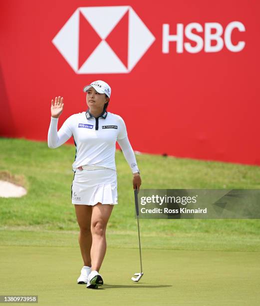 Jin Young Ko of South Korea celebrates after putting in for a birdie to win during the Final Round of the HSBC Women's World Championship at Sentosa...