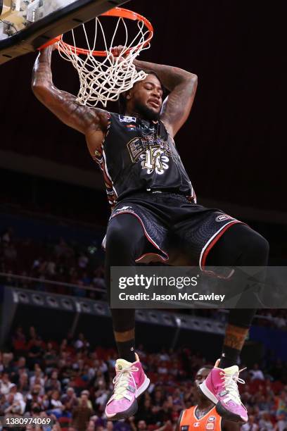 Jarell Martin of the Kings dunks the ballduring the round 14 NBL match between Sydney Kings and Cairns Taipans at Qudos Bank Arena on March 06 in...