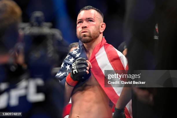 Colby Covington reacts after being called the winner over Jorge Masvidal in their welterweight fight during UFC 272 at T-Mobile Arena on March 05,...