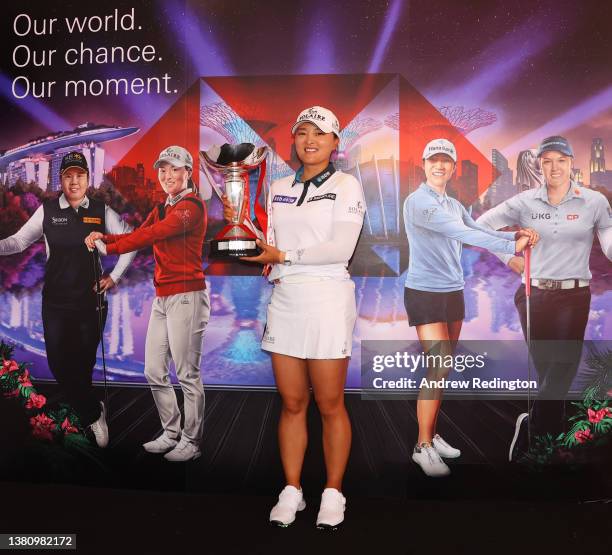 Jin Young Ko of South Korea poses with the HSBC Women's World Championship trophy as she celebrates after winning during the Final Round of the HSBC...