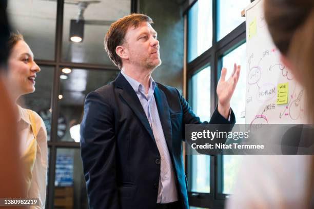 brainstorming for new startup ideas. male ceo executive with his team business in meeting room while explaining or sharing for new business ideas and setup goal in a financial tech business office. - task force stockfoto's en -beelden