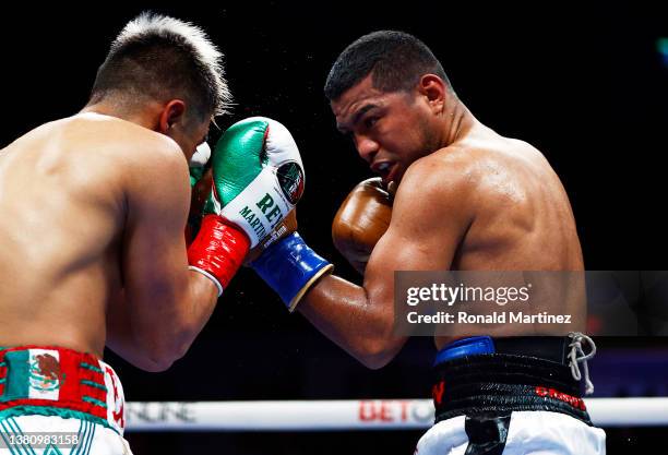 Roman "Chocolatito" Gonzalez delivers a punch against Julio Cesar Martinez during their super flyweight division fight at San Diego Pechanga Arena on...