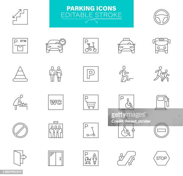 parking icons editable stroke.  contains such icons as parking lot, car, parking meter, ticket - forbidden icon stock illustrations