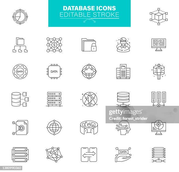 database icons editable stroke.  contains such icons as data analyzing, personal data, cloud computing - bandwidth management stock illustrations