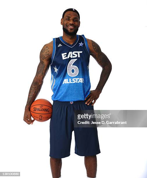 LeBron James of the Miami Heat poses for portraits as being named as a starter for the 2012 NBA All-Star game at the Four Season Hotel on February 2,...