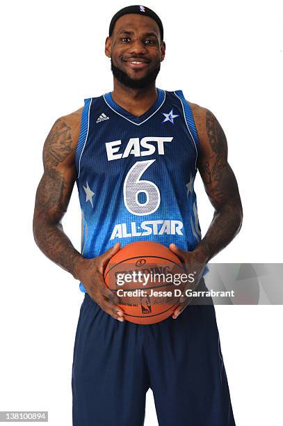 LeBron James of the Miami Heat poses for portraits as being named as a starter for the 2012 NBA All-Star game at the Four Season Hotel on February 2,...