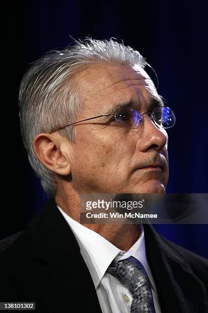 Former New York Giants kicker Raul Allegre looks on during a press conference held by the NFL Alumni Association at the Super Bowl XLVI Media Center...